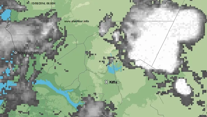 خارطة توزع الامطار عند الساعة السادسة من فجر اليوم 15/08/2014 (الأخبار)