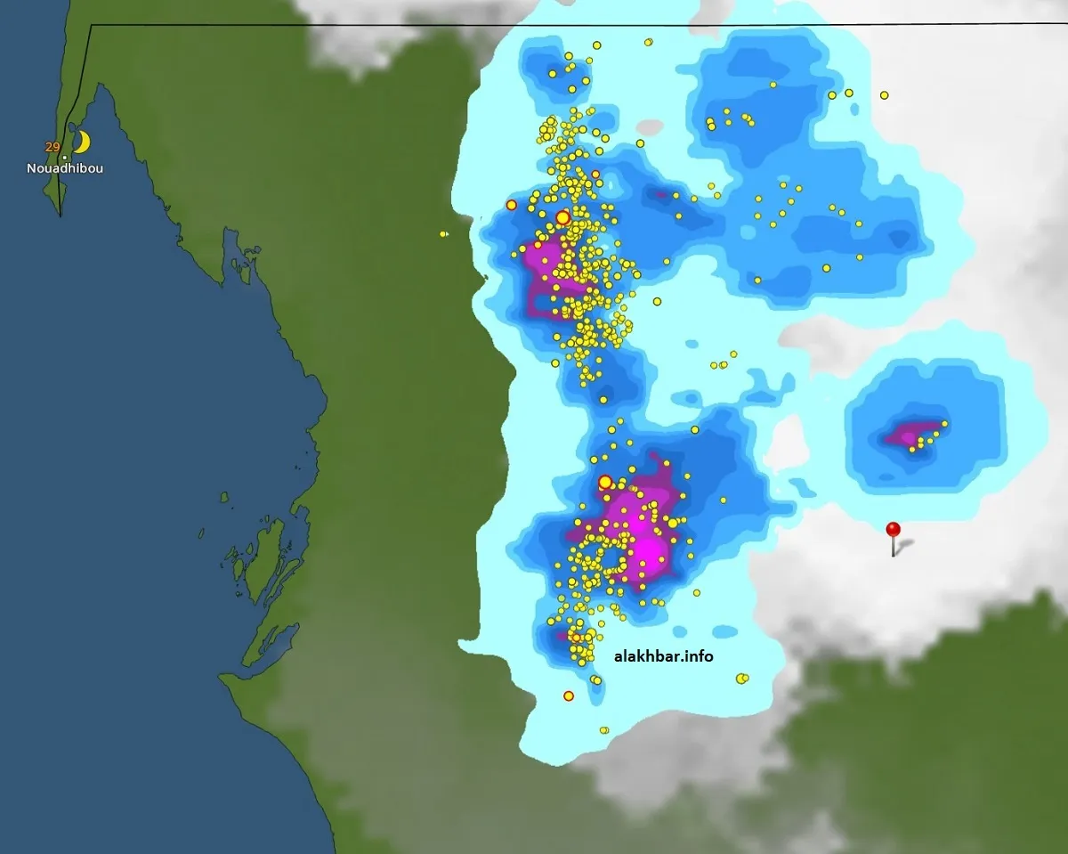 خارطة انتشار السحب الماطرة عند الساعة 20:15، الإشارة عند مدينة أكجوجت