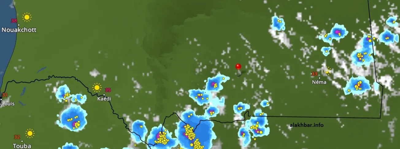 خارطة انتشار السحب الماطرة عند الساعة: 17:50، الإشارة عند مدينة العيون